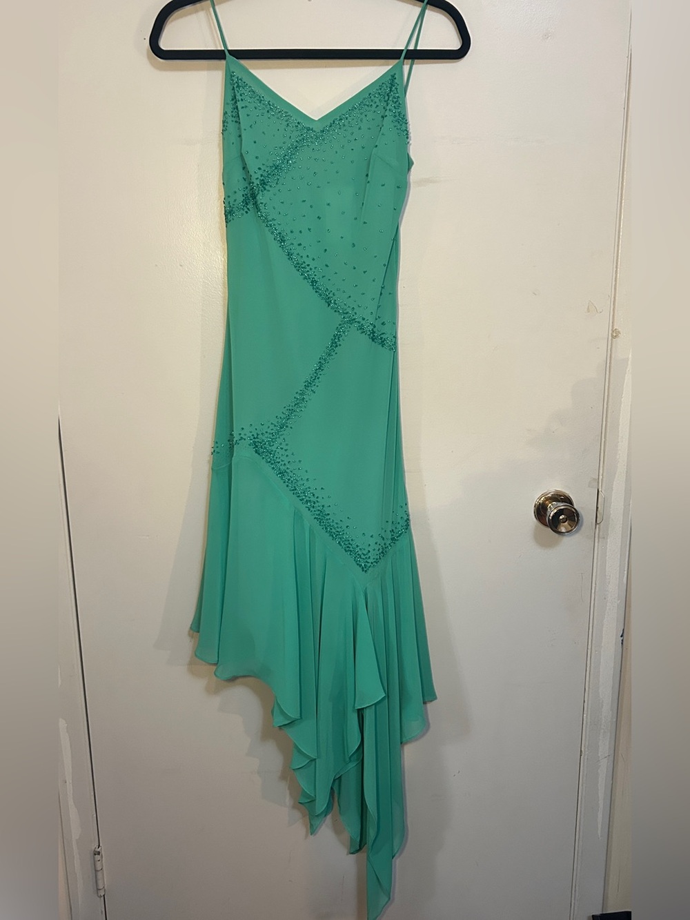 Green Beaded Asymmetrical Slip Dress